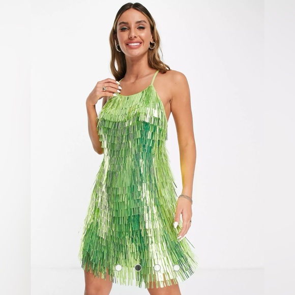 ASOS DESIGN shard sequin strappy mini dress in green - Picture 2 of 7